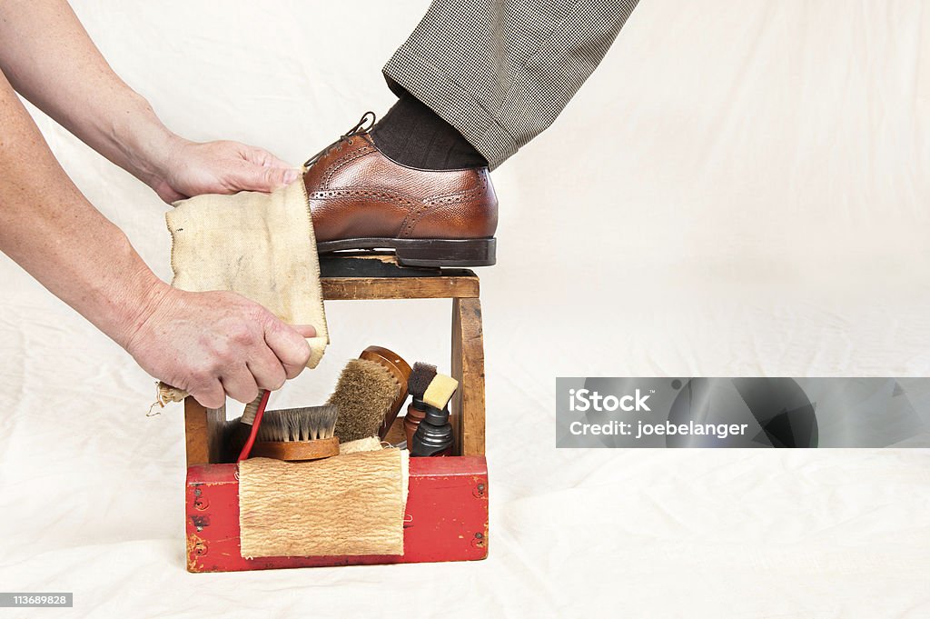 Antique shoe shine box and worker  Box - Container Stock Photo