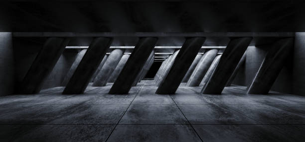 Sci Fi Concrete Grunge Alien Spaceship Tilted Shaped Huge Columns In Dark Tiled Hall Garage Underground Gallery Room Tunnel Corridor Realistic Background 3D Rendering