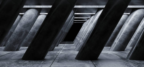 istock Sci Fi Concrete Grunge Alien Spaceship Tilted Shaped Huge Columns In Dark Tiled Hall Garage Underground Gallery Room Tunnel Corridor Realistic Background 3D Rendering 1136898393