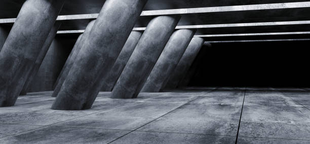 istock Sci Fi Concrete Grunge Alien Spaceship Tilted Shaped Huge Columns In Dark Tiled Hall Garage Underground Gallery Room Tunnel Corridor Realistic Background 3D Rendering 1136898420
