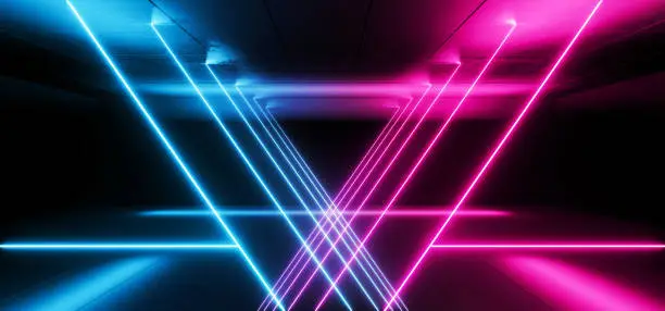 Neon Glowing Triangle Laser Shaped Purple Blue Light Tubes Reflecting In Grunge Concrete Reflective Floor And Ceiling Dark Hall Underground Club Dance 3D Rendering Illustration