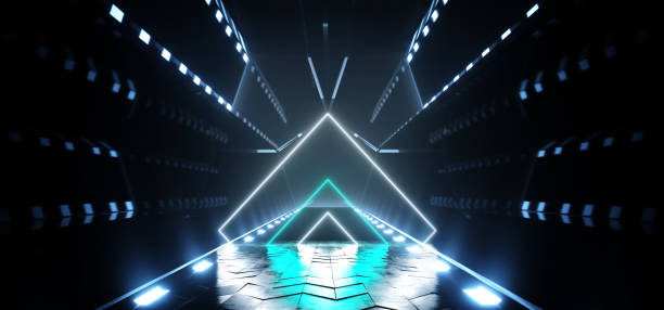 istock Alien Sci Fi Futuristic Spaceship Circle Glowing Triangle Neon Laser Lights White Green Blue Reflecting On Concrete Sufrace Dark Empty Hall Garage Tunnel Corridor Portal Background 3D Rendering 1136898509
