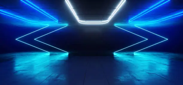 Reflective Room Neon Laser Glowing Blue White Led Lights Arrow Shape Reflecting On Concrete Sci Fi Futuristic Background Empty Hall Garage Alien Spaceship Tunnel 3D Rendering Illustration