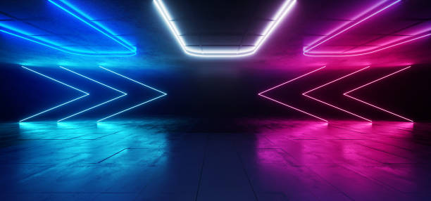 istock Reflective Room Neon Laser Glowing Blue Purple White Led Lights Arrow Shape Reflecting On Concrete Sci Fi Futuristic Background Empty Hall Garage Alien Spaceship Tunnel 3D Rendering 1136899512