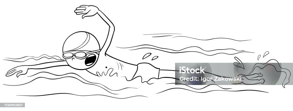 swimming boy cartoon coloring book Black and White Cartoon Illustration of Boy Swimming in the Water Crawl Stroke Technique Coloring Book Swimming stock vector