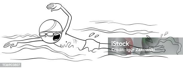 Swimming Boy Cartoon Coloring Book Stock Illustration - Download Image Now - Swimming, Drawing - Art Product, Black And White