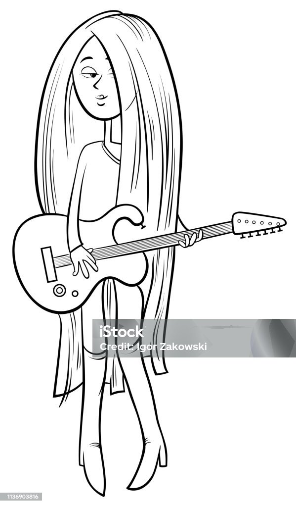 girl with guitar cartoon coloring page Black and White Cartoon Illustration of Teen Girl with Electric Guitar Coloring Book Adult stock vector