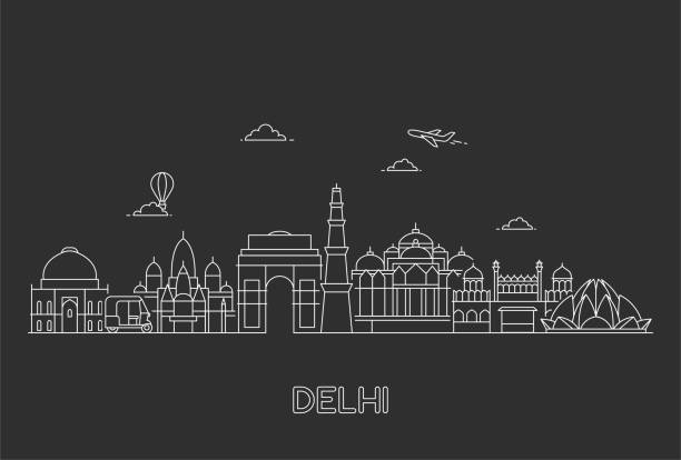 New Delhi skyline. New Delhi skyline. Line art illustration with famous buildings. delhi stock illustrations