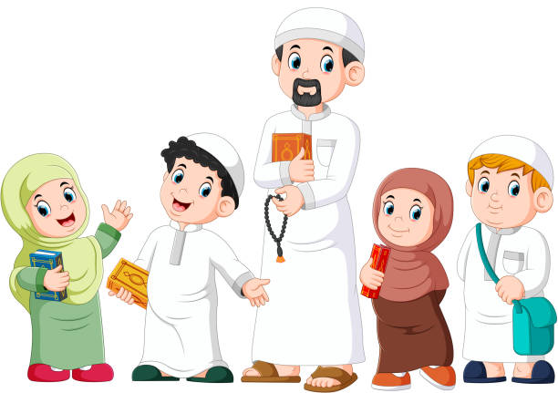 Happy moslem kid showing with holding holy quran illustration of Happy moslem kid showing with holding holy quran father allah stock illustrations