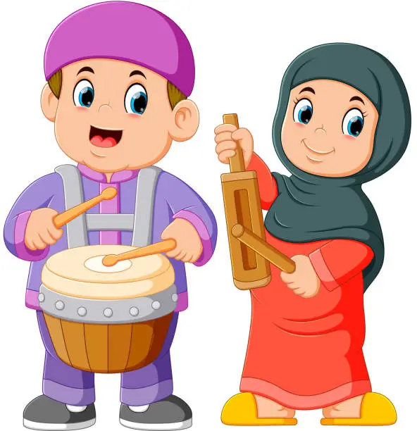 Vector illustration of Happy muslim kid cartoon playing traditional musical instruments