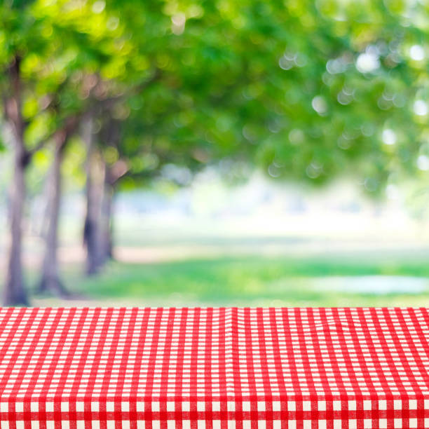 istock Empty table with red and white tablecloth over blurred park nature background, for product display montage, spring and summer 1136913395