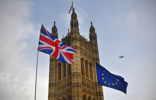 флаги brexit у здания парламента - victoria tower стоковые фото и изображения