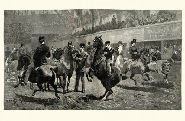 Vintage engraving of Horse show at the agricultural hall, Ponies in the ring, Victorian 19th Century