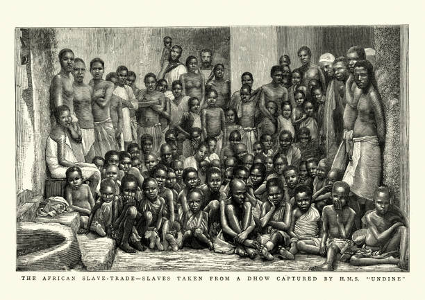 African slave trade, Freed slave rescued by HMS Undine, 1884 Vintage engraving of African slave trade, Freed slave rescued by HMS Undine, 1884 african slaves stock illustrations