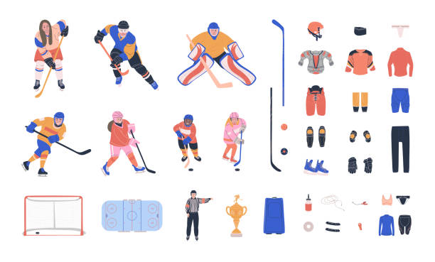 illustrations, cliparts, dessins animés et icônes de collection colorée de vecteur de hockey sur glace avec des joueurs jeunes et adultes, arbitre, équipement et fournitures. cliparts à la mode plat. illustrations de dessin animé isolées - fitness goal