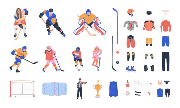 хоккейный вектор красочной коллекции с молодыми и взрослыми игроками, рефери, оборудованием и принадлежностями. плоские модные клипарты. и - ice hockey illustrations stock illustrations