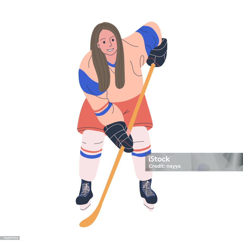 Ice hockey adult female player. Isolated flat vector illustration with woman in hockey uniform for your design Hockey stock vector