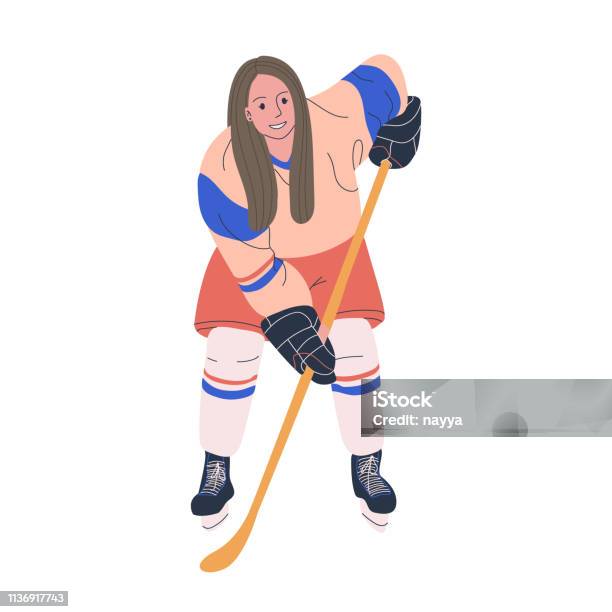 Ice Hockey Adult Female Player Isolated Flat Vector Illustration With Woman In Hockey Uniform For Your Design Stock Illustration - Download Image Now