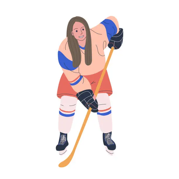 Vector illustration of Ice hockey adult female player. Isolated flat vector illustration with woman in hockey uniform for your design