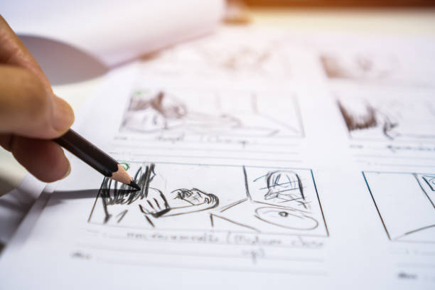 istock Hands on Storyboard movie layout for pre-production, storytelling drawing creative for process production media films. Script video editors and writing graphic in form displayed in maker shooting 1136920826