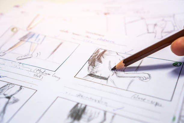 istock Hands on Storyboard movie layout for pre-production, storytelling drawing creative for process production media films. Script video editors and writing graphic in form displayed in maker shooting 1136920839