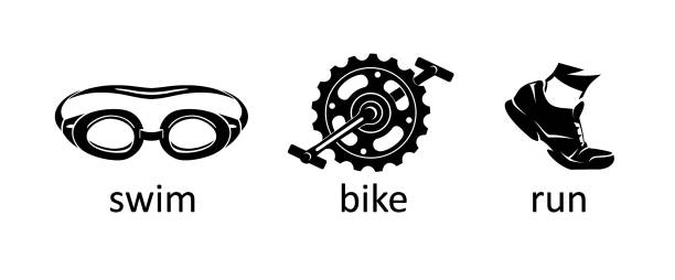 Triathlon Icon Silhouettes Isolated vector illustration of sports objects, goggles, bike pedal and rubber shoe. swimming silhouettes stock illustrations