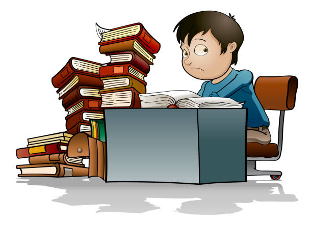 Hard working student Boy studying at home for a school exam. bored children stock illustrations