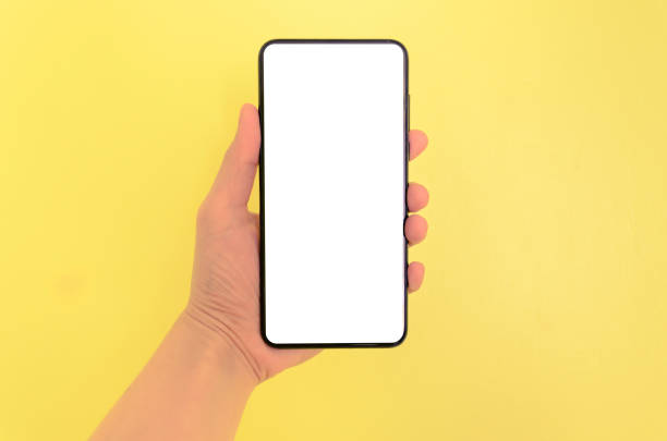 istock Human hand holding smartphone with white screen background. 1136925812