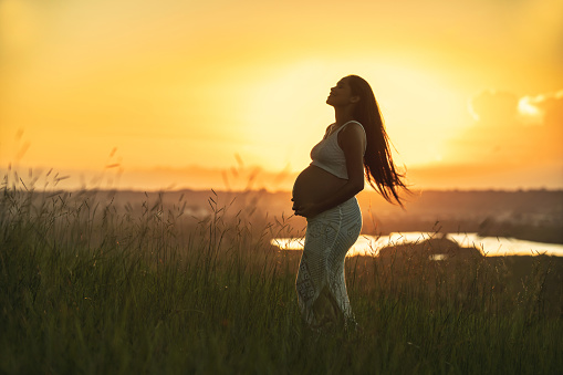 Pregnant, Abdomen, Touching, Sunset, Human Abdomen