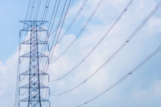 istock Electricity concept. Close up high voltage power lines station. 1136929145