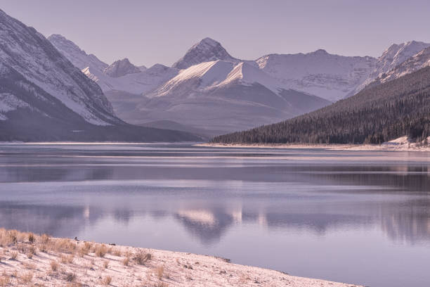 Dawn Mountain Landscape at Spray Lake in Winter, Kananaskis Alberta.