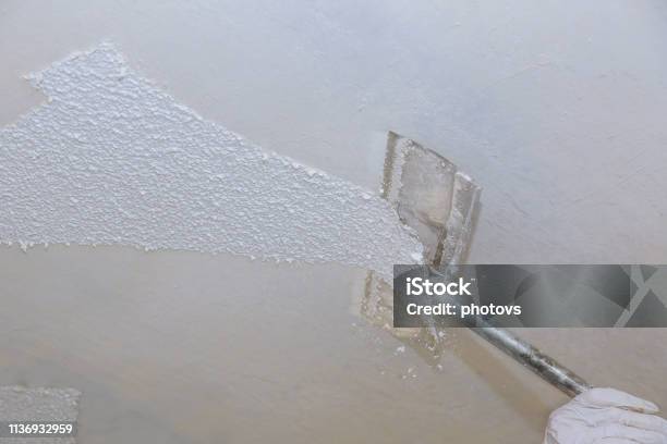 Home Ceiling Drywall Demolition Popcorn Ceiling Texture Stock Photo - Download Image Now