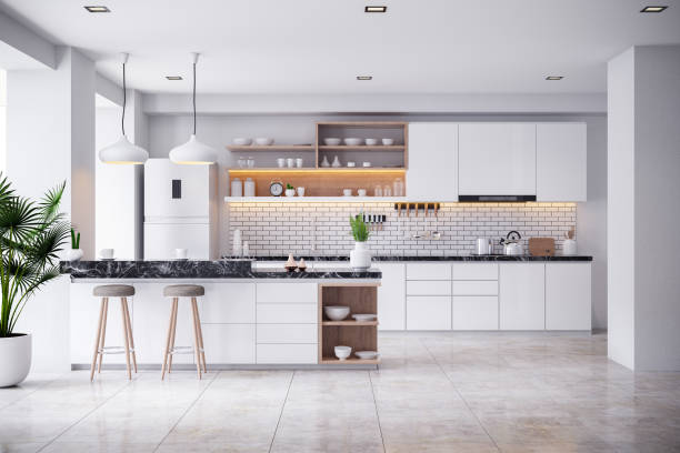 居心地のよいモダンなキッチンホワイトルームのインテリア。3drender - modern kitchen ストックフォトと画像