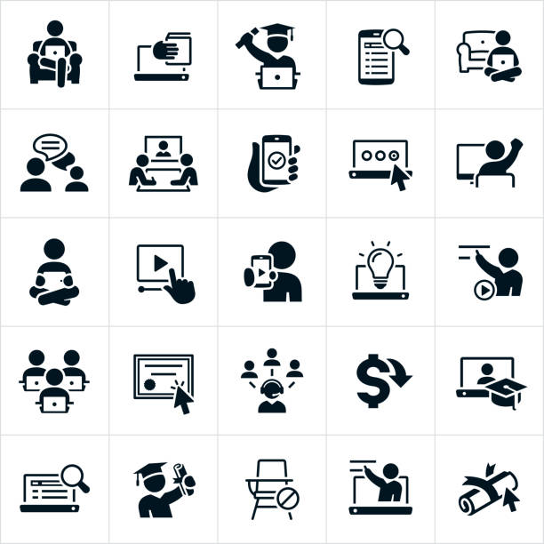 ilustraciones, imágenes clip art, dibujos animados e iconos de stock de iconos de e-learning - estudiante de universidad