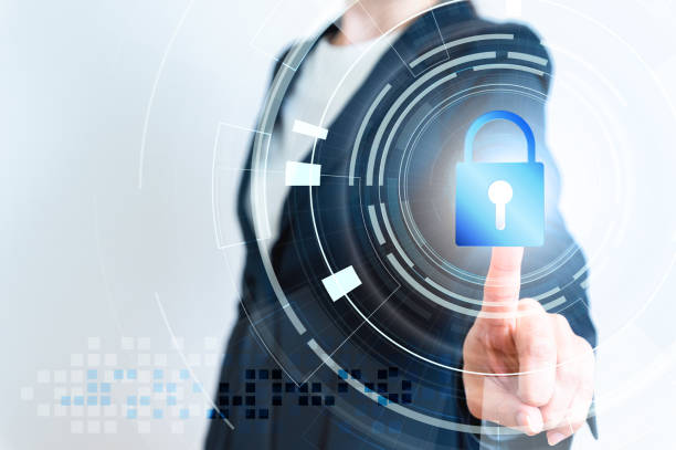 istock Businesswoman pressing button on virtual screen 1136940879