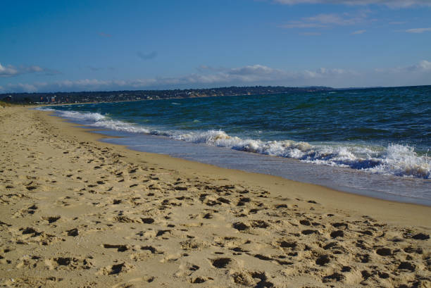 istock Seashore with blue water and clear sky 1136940945