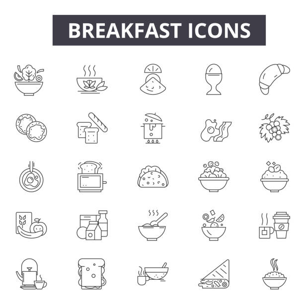 ikony linii śniadaniowej do projektowania stron internetowych i mobilnych. edytowalne znaki obrysu. ilustracje koncepcyjne konturu śniadania - oatmeal breakfast healthy eating food stock illustrations