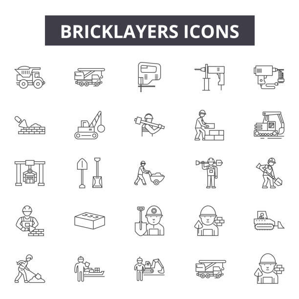 Bricklayers line icons for web and mobile design. Editable stroke signs. Bricklayers  outline concept illustrations Bricklayers line icons for web and mobile. Editable stroke signs. Bricklayers  outline concept illustrations mason craftsperson stock illustrations