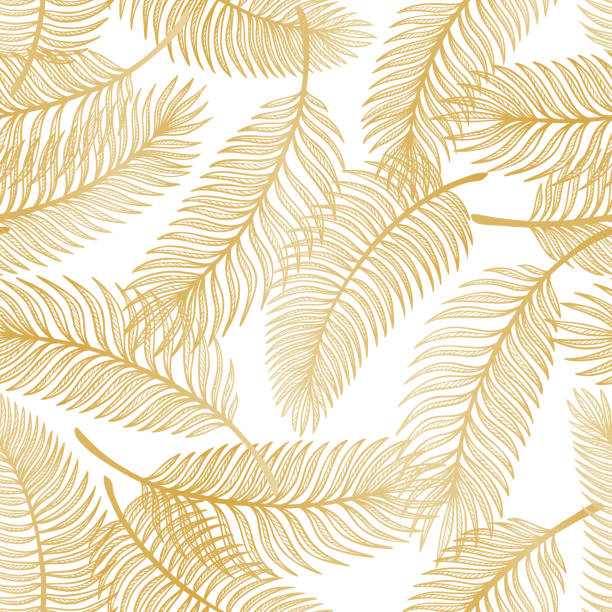 illustrazioni stock, clip art, cartoni animati e icone di tendenza di golden tropical palm tree lascia vector seamless pattern. disegno foglia di palma. sfondo floreale estivo. sfondo piante tropicali - penna illustrazioni