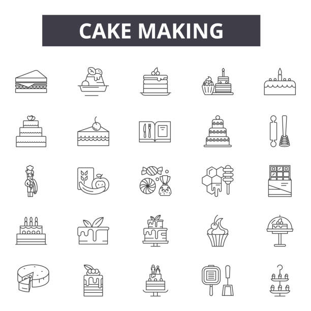 ケーキは、ウェブやモバイルデザインのためのラインアイコンを作ります。編集可能なストロークサイン。ケーキ作りの概要コンセプトイラスト - bread bakery women cake点のイラスト素材／クリップアート素材／マンガ素材／アイコン素材