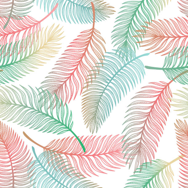 ilustrações, clipart, desenhos animados e ícones de a palmeira tropical sae do teste padrão sem emenda. esboço da folha de palmeira. fundo floral do verão. papel de parede tropical das plantas - 6723