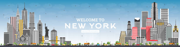 illustrazioni stock, clip art, cartoni animati e icone di tendenza di benvenuti nello skyline di new york negli stati uniti con edifici grigi e cielo blu. - brooklyn bridge taxi new york city brooklyn