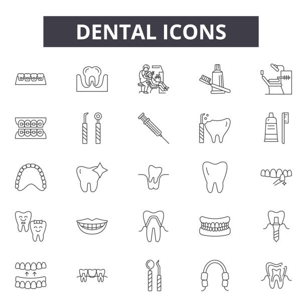 ilustrações, clipart, desenhos animados e ícones de linha dental ícones para o web e o projeto móvel. sinais editáveis do curso. ilustrações dentais do conceito do esboço - dental implant dental hygiene dentures prosthetic equipment