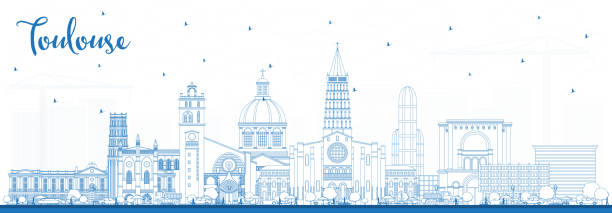 stockillustraties, clipart, cartoons en iconen met overzicht toulouse frankrijk skyline van de stad met blauwe gebouwen. - toulouse