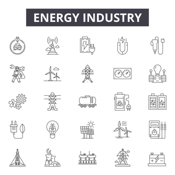 웹 및 모바일 디자인에 대 한 에너지 산업 라인 아이콘입니다. 편집 가능한 스트로크 기호입니다. 에너지 산업 개요 개념 일러스트 - gasoline factory station chimney stock illustrations