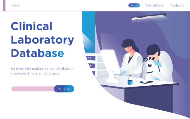 Clinical laboratory database concept with people doing research and study. Landing modern page template vector illustration. - Vector Clinical laboratory database concept with people doing research and study. Landing modern page template vector illustration. - Vector medical research stock illustrations
