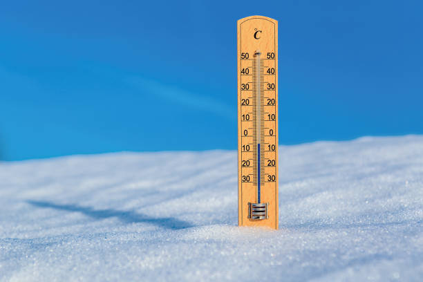 istock Thermometer in snow against blue sky. Thermometer display minus 5 degrees celsius 1136947961