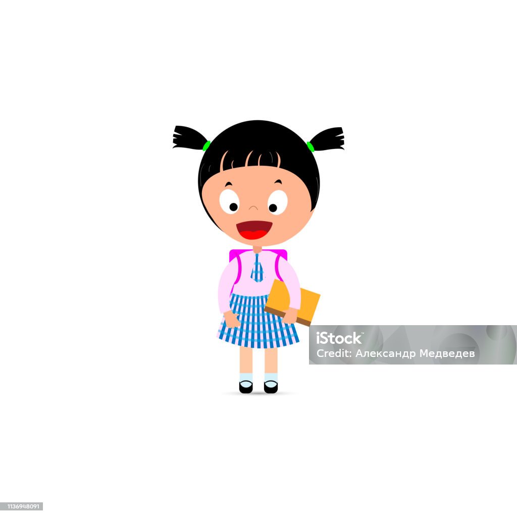 Little girl in school uniform, backpack and book in hand. Vector illustration Little girl in school uniform, backpack and book in hand. Vector illustration. Art stock vector