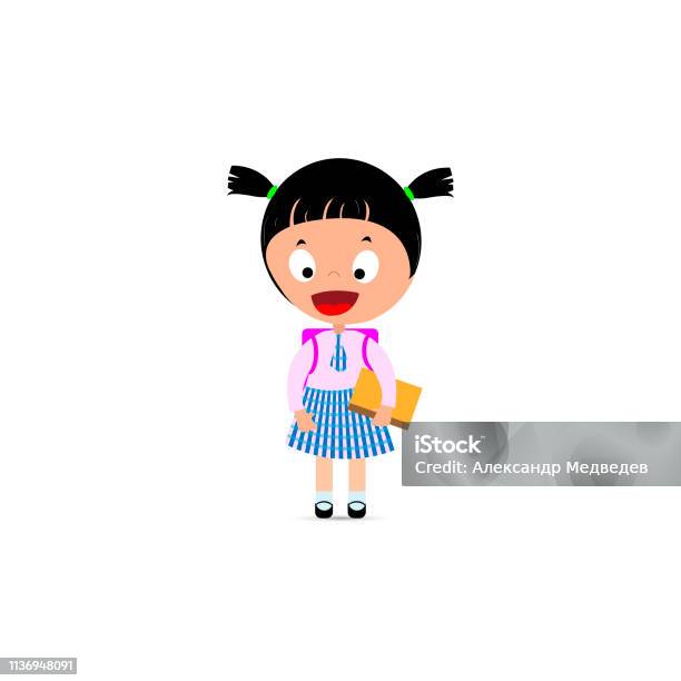 Little Girl In School Uniform Backpack And Book In Hand Vector Illustration Stock Illustration - Download Image Now