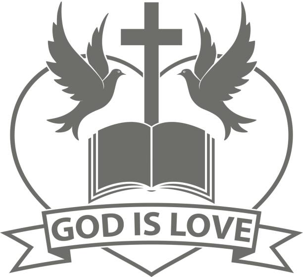 istock Doves cross heart and bible with banner and text God is love 1136948159